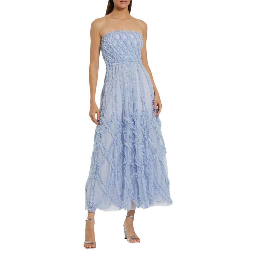 Mac Duggal 8277 Periwinkle Blue Strapless Ruffle Tulle Gown Dress Womens Size 2